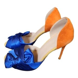 Jojos Kunbi orange, blue yellow leather, suede,  satin stiletto heels size 9